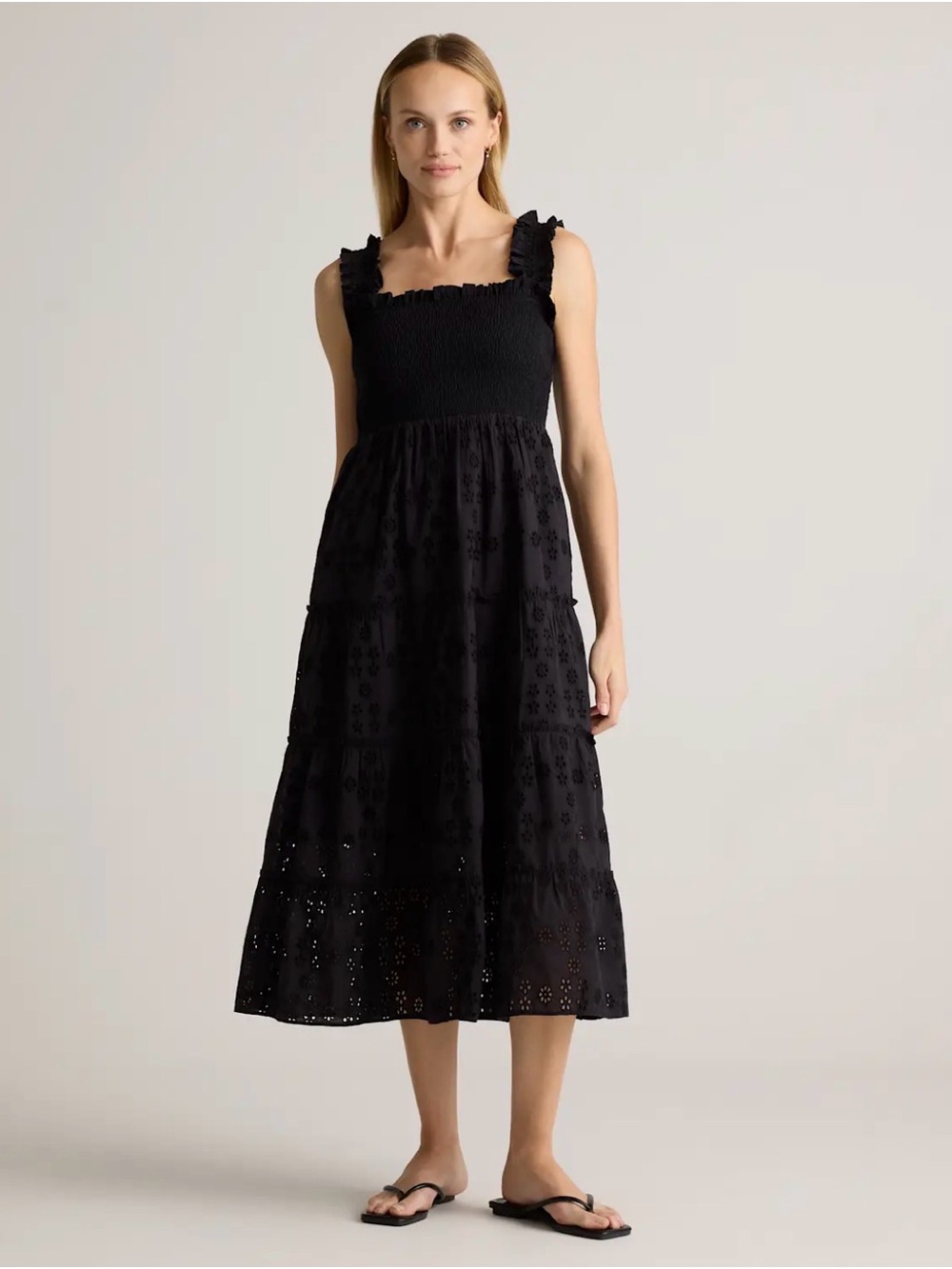 Quince 100% organic cotton smocked eyelet black midi dress size small